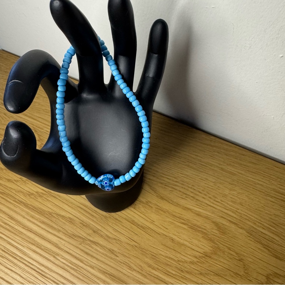 Glass Elastic Beaded Bracelet Blue Heart Shape Acrylic Applique